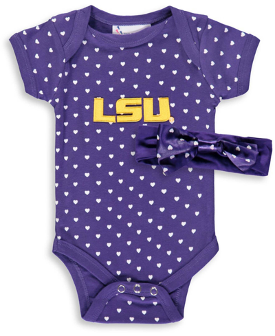 Two Feet Ahead Infant Boys And Girls Purple Lsu Tigers Hearts Bodysuit And Headband Set, 2 Pack