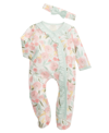 FIRST IMPRESSIONS BABY GIRLS FLORAL FOOTED COVERALLS AND HEADBAND, 2 PIECE SET, CREATED FOR MACY'S