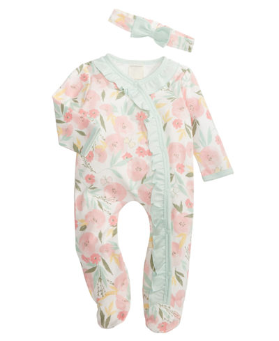 First Impressions Kids' Baby Girls Floral Footed Coveralls And Headband, 2 Piece Set, Created For Macy's In Barely Green
