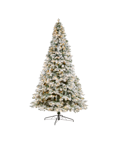 Nearly Natural Flocked Vermont Mixed Pine Artificial Christmas Tree With 800 Led Lights And 2200 Bendable Branches, In Green