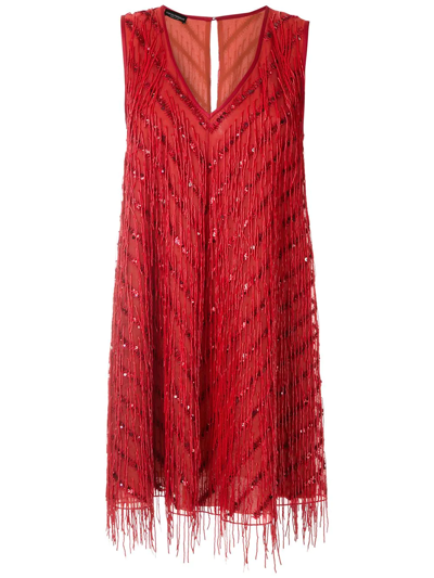Emporio Armani Fringed Shift Silk Dress In Red