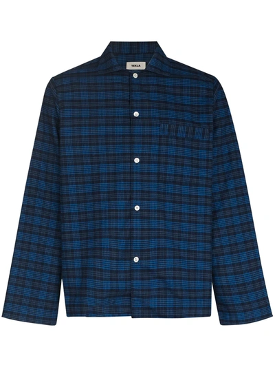 Tekla Check Flannel Cotton Pyjama Shirt In Blue