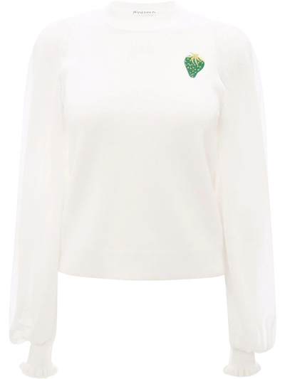 Jw Anderson Strawberry-embroidered Sheer-sleeve Wool Jumper In White