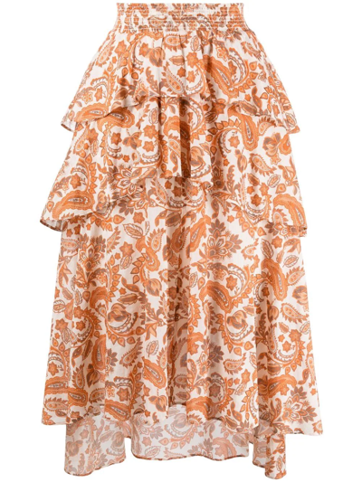 Maje Justy Paisley-print Cotton-voile Midi Skirt In Orange