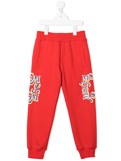 Msgm Kids' Logo-print Fleece Sweat Pants In Red