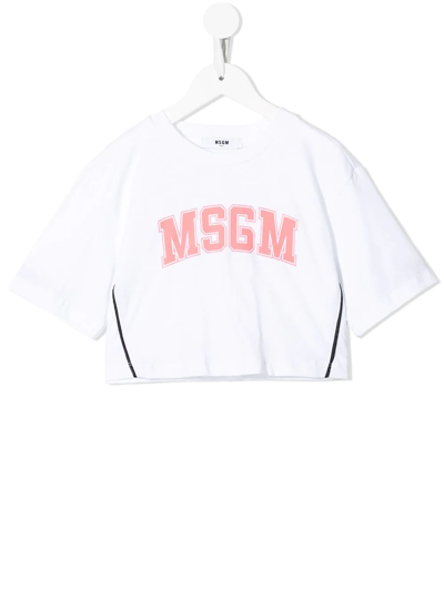 Msgm Kids' Cropped Logo-print T-shirt In White