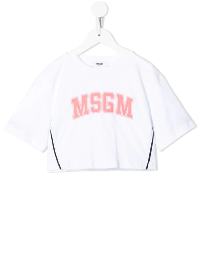 Msgm Kids' Logo印花短款t恤 In White