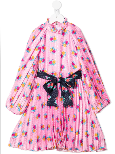 Msgm Kids' Floral-print Pleated Midi Dress In Pink