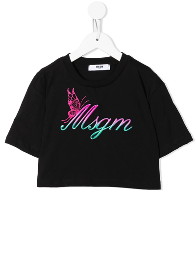 Msgm Kids' Logo-print Cropped T-shirt In Black