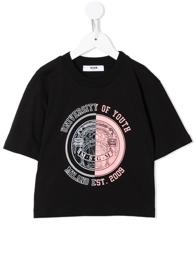 Msgm Kids' Logo-print Cropped T-shirt In Black
