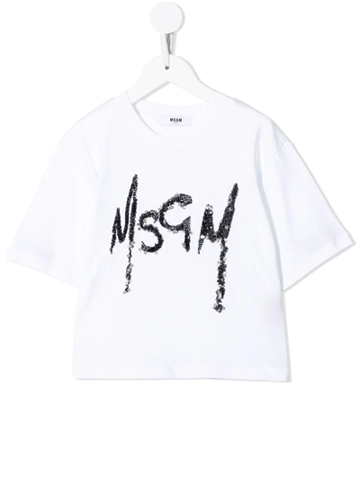 Msgm Kids' Logo-print Cropped T-shirt In White