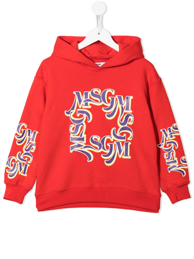 Msgm Kids' Logo-print Cotton Hoodie In Red