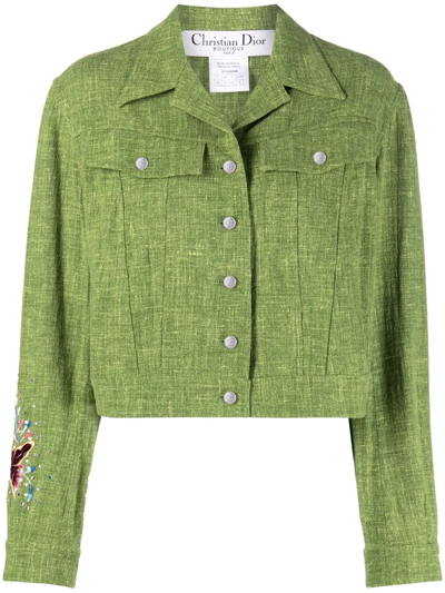 Pre-owned Dior 1990s  Embroidered Motif Cropped Jacket In Green