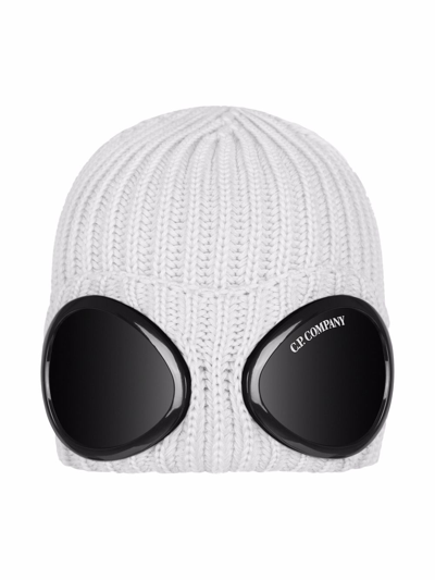 C.p. Company Kids' Ribbed Knit Goggle Wool Beanie In White