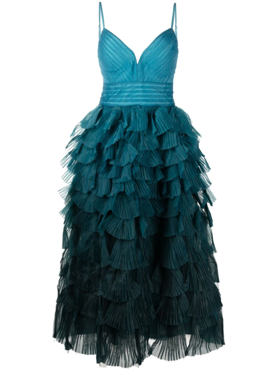 Marchesa Notte Gradient-effect Ruffled Midi Dress In Blue