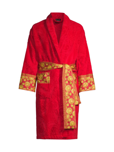 Versace Cotton Logo Bathrobe In Red Gold