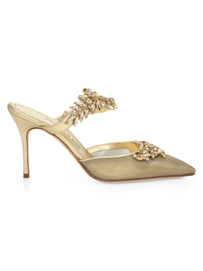 Manolo Blahnik Lurum 90 Crystal-embellished Mesh Mules In Gold