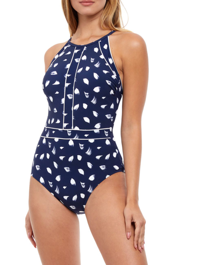 Gottex Swimwear Feather-print One-piece Swimsuit In Navy White