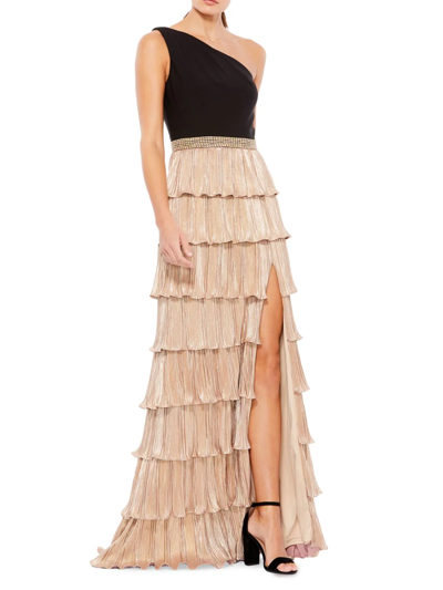 Mac Duggal One Shoulder Layered Metallic Ruffle Gown In Black Gold