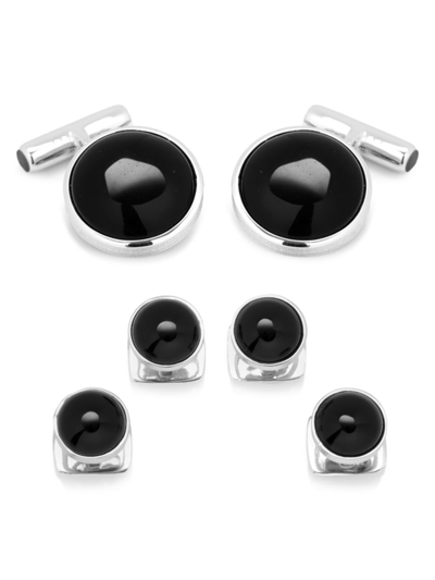 Cufflinks, Inc 3-piece Ox And Bull Trading Co. Sterling Silver Ribbed Onyx Cufflinks And Stud Set