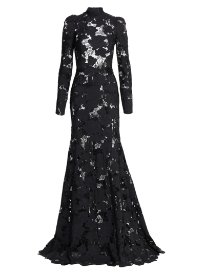 Oscar De La Renta Women's Magnolia Guipure Long Sleeve Open Back Gown In Black