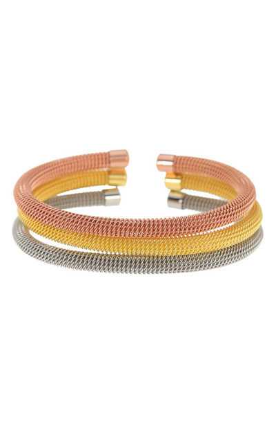 Meshmerise Tri-color Stainless Steel Twisted Cable Bangle Bracelet Set In Tri Color