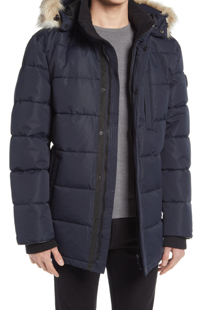 Noize Quilted Parka With Removable Faux Fur Trimmed Hood In Navy