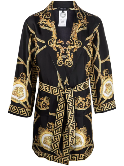 Versace Barocco-print Silk Dressing Gown In Black