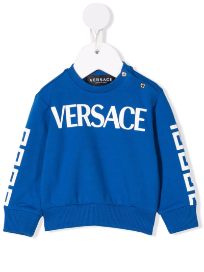 Versace Babies' Greca Logo-print Stretch-cotton Jersey Sweatshirt 6-36 Months In Blue