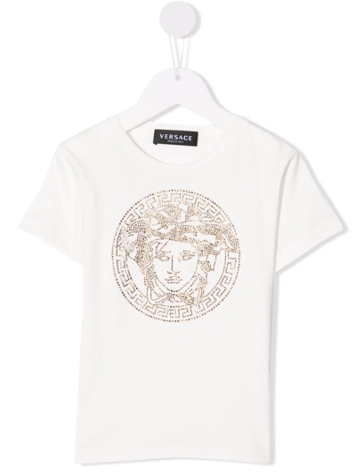 Versace Kids' Embellished-medusa T-shirt In Bianco+oro