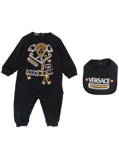 Versace Baby's 2-piece Logo Trompe L'oeil Coverall & Bib Set In Black