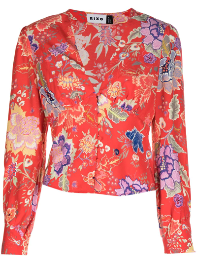 Rixo London Womens Peony Flora Red Azra Floral-print Crepe Blouse M