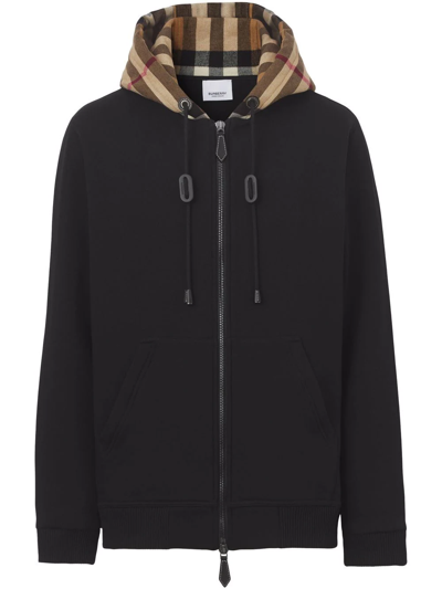 Burberry Soft Cotton Hooded Sweater With Check-pattern Finish In Black