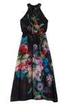 Ava & Yelly Floral Print Chiffon Maxi Dress In Black