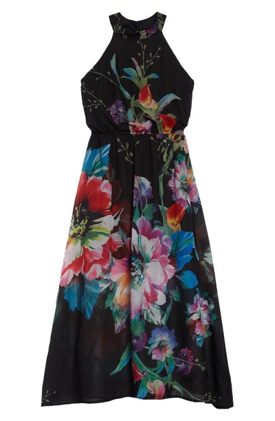 Ava & Yelly Kids' Floral Print Chiffon Maxi Dress In Black
