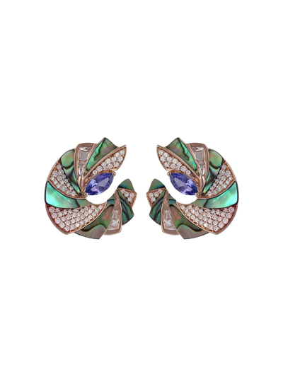 Ananya 18kt Rose Gold Miniature Demi Mogra C-clip Pearl Abalone, Tanzanite And Diamond Earrings In Grün