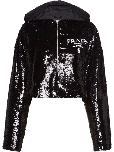 Prada Sequin-embellished Logo Cropped Hoodie In Black