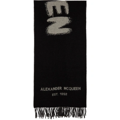 Alexander Mcqueen Black Graffiti Logo Wool Scarf