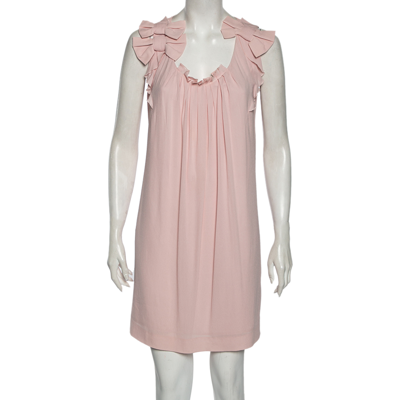 Pre-owned Valentino Pink Chiffon Bow Applique Pleated Yolk Detailed Shift Dress M