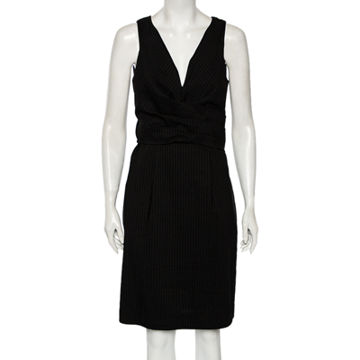 Pre-owned Gucci Black Striped Wool & Linen V-neck Belted Dress M
