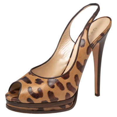 Pre-owned Casadei Brown/beige Leopard Print Leather Peep Toe Platform Slingback Sandals Size 40