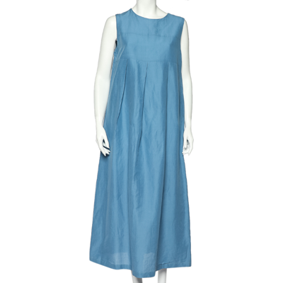 Pre-owned S'max Mara 's Max Mara Blue Cotton Pleated Detail Sleeveless Tulia Maxi Dress L
