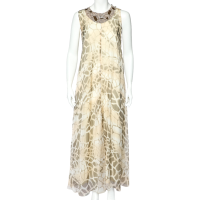 Pre-owned Class By Roberto Cavalli Beige Printed Silk Chiffon Embellished Neck Detail Sleeveless Dress M