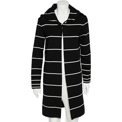 Pre-owned Love Moschino Black Striped Wool Hooded Mid Length Overcoat M