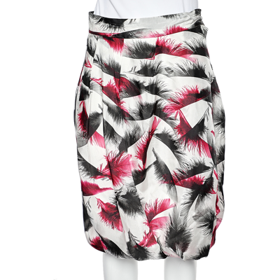 Pre-owned Mcq By Alexander Mcqueen White Feather Printed Silk Pleated Balloon Skirt L
