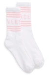 Versace First Line Stripe Crew Socks In White/ Pink