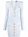 Balmain Short Light Blue Knit Dress With Gold-tone Buttons In Blue
