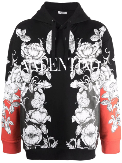 Valentino Hooded Black Cotton Sweatshirt With Dark Blooming Print