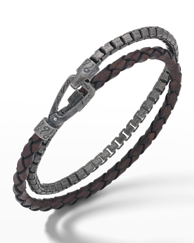 Marco Dal Maso Double Mix Brown Woven Leather And Oxidized Silver Chain Bracelet