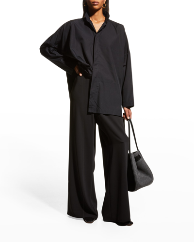 Eskandar Wide Double Stand Collar Shirt - Long In Black